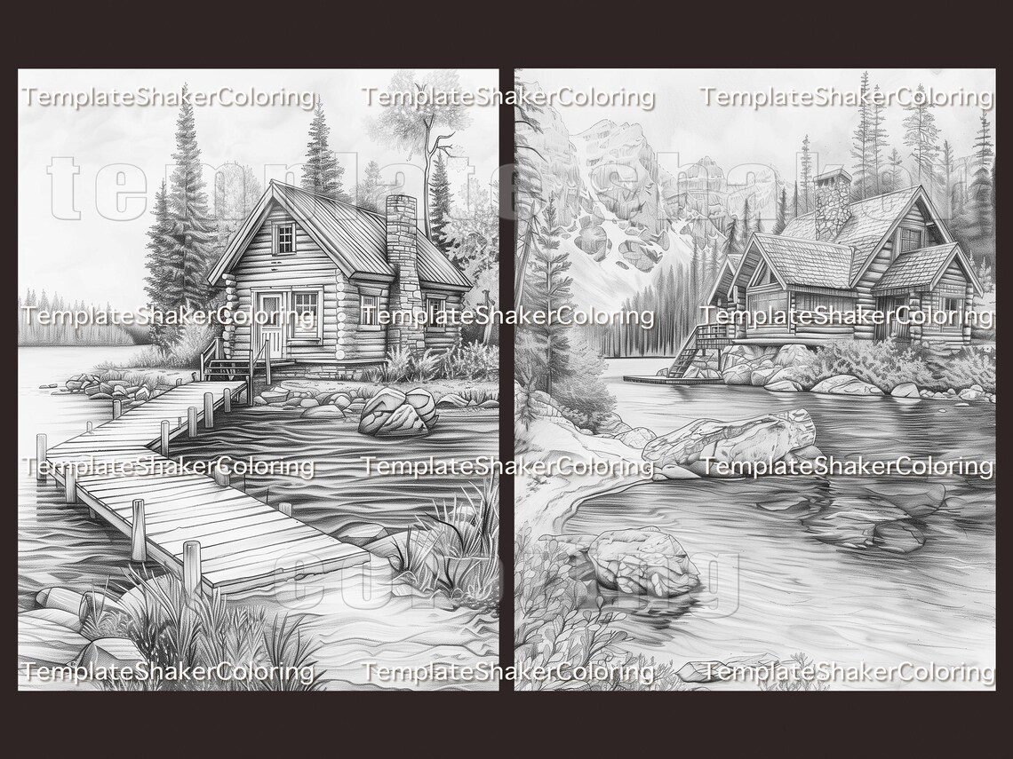 Forest Lake Cabin Coloring Book: 30 Grayscale Pages, Nature Scenes ...