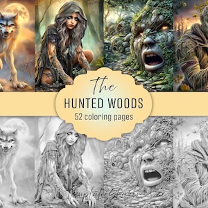 Dark Fantasy Forest Coloring Book: Creepy Grayscale Horror Pages, PDF Download, Colored Version Included image 1