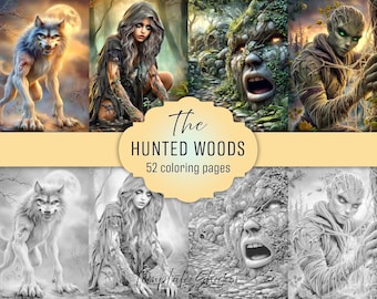 Dark Fantasy Forest Coloring Book: Creepy Grayscale Horror Pages, PDF Download, Colored Version Included