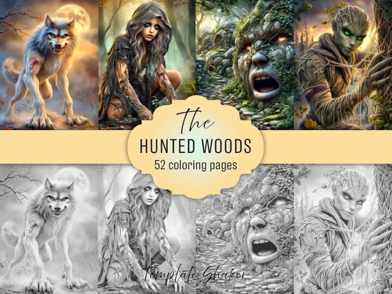 Dark Fantasy Forest Coloring Book: Creepy Grayscale Horror Pages, PDF Download, Colored Version Included