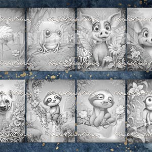 May include: A collection of eight grayscale coloring pages featuring various animals and plants. The images include a flamingo, frog, pig, hyena, sloth, and flowers. Each page has the text "Template Shaker Coloring".