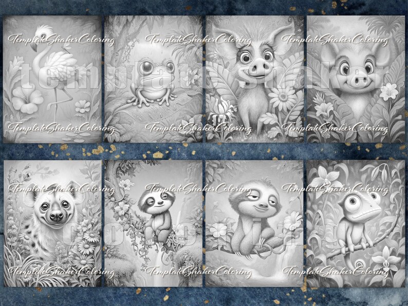 May include: A collection of eight grayscale coloring pages featuring various animals and plants. The images include a flamingo, frog, pig, hyena, sloth, and flowers. Each page has the text "Template Shaker Coloring".