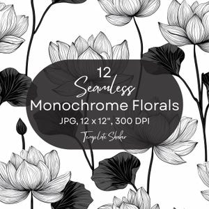 Seamless Monochrome Floral Patterns, Black & White Flowers Digital Paper, Commercial Use, Digital Download