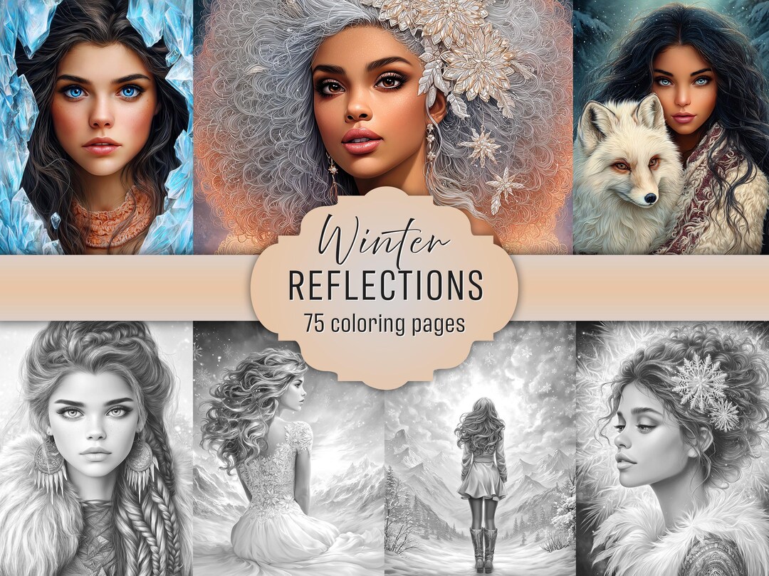 Winter Portraits Coloring Book, 75 Grayscale Pages, Printable PDF