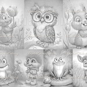 May include: A grayscale illustration featuring six panels of adorable woodland creatures. A squirrel holds a tulip, an owl wears glasses, and a deer stands in tall grass. A frog sits on a lily pad, and a hedgehog stands in a jacket.