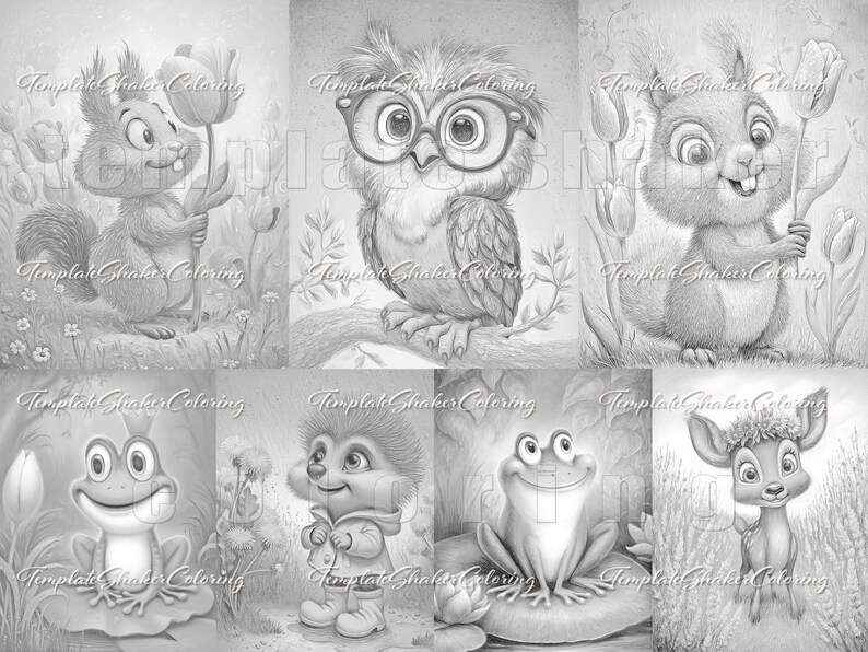 May include: A grayscale illustration featuring six panels of adorable woodland creatures. A squirrel holds a tulip, an owl wears glasses, and a deer stands in tall grass. A frog sits on a lily pad, and a hedgehog stands in a jacket.