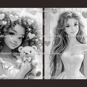 May include: Black and white coloring page featuring two girls. One girl has curly hair and is holding a teddy bear. The other girl has long straight hair and is wearing a dress. Both girls are surrounded by hearts.