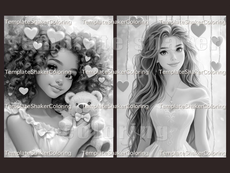May include: Black and white coloring page featuring two girls. One girl has curly hair and is holding a teddy bear. The other girl has long straight hair and is wearing a dress. Both girls are surrounded by hearts.