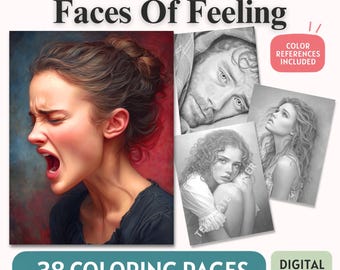 Expressive Faces Coloring Book: 38 Grayscale Emotional Portrait Pages, Printable PDF, Colored Version