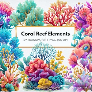 Puede incluir: Una colección digital de elementos de arrecife de coral con ilustraciones vibrantes de anémonas de mar, corales ramificados y plantas acuáticas en tonos rosa, azul, amarillo y morado. El texto dice Coral Reef Elements 49 Transparent PNG, 300 DPI.