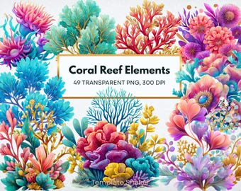Coral Reef Elements Watercolor Clipart, 49 Transparent PNG Set, Commercial Use (Digital Download)