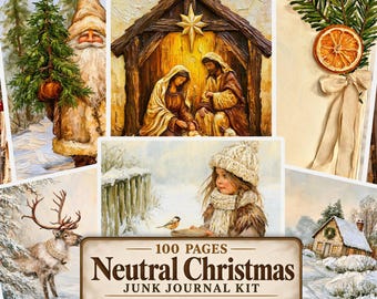 Neutral Christmas Junk Journal Pages, Rustic Winter Printable Papers, Cozy Farmhouse Holiday Digital Download