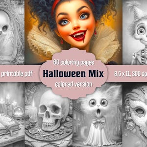 Libro para colorear de Halloween para adultos, páginas para colorear en escala de grises imprimibles en PDF, retratos espeluznantes, objetos espeluznantes, versión en color incluida