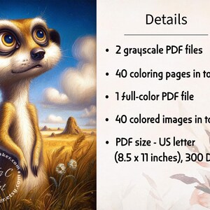 May include: A digital art print of a meerkat with large eyes, set against a backdrop of a savanna landscape under a blue sky with clouds. The image includes text that says "Details" and lists the contents of the digital download, including 2 grayscale PDF files and 40 coloring pages.