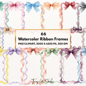 Könnte beinhalten: Eine Sammlung von 66 Aquarell-Schleifenrahmen in verschiedenen Farben, darunter Grün, Rosa und Blau. Jeder Rahmen hat eine dekorative Schleife und ein fließendes Band, ideal für digitale Kunstprojekte. Der Text "Watercolor Ribbon Frames" und "PNG CLIPART, 3000 X 4200 PX, 300 DPI" ist enthalten.