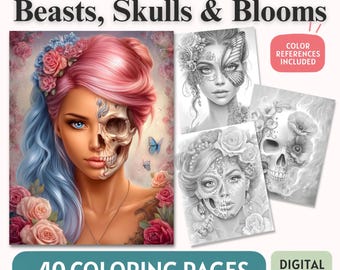 Flowers, Skulls & Faces Coloring Book, 40 Surreal Grayscale Pages, Instant PDF Download, Colored Version
