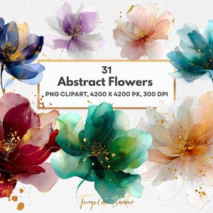 May include: A collection of 31 abstract watercolor flower clip art images. The flowers feature a variety of colors, including blue, purple, pink, teal, and orange, with gold accents. The text reads "31 Abstract Flowers PNG Clipart, 4200 x 4200 px, 300 DPI."