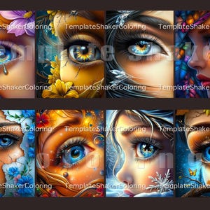 May include: A collection of eight digital art pieces featuring close-up portraits of women's eyes. Each image showcases vibrant colors and intricate details, with floral, natural, and fantasy elements. The text "Template Shaker Coloring" is visible.