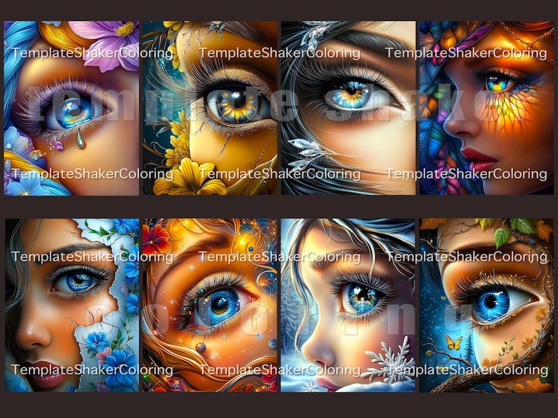 May include: A collection of eight digital art pieces featuring close-up portraits of women's eyes. Each image showcases vibrant colors and intricate details, with floral, natural, and fantasy elements. The text "Template Shaker Coloring" is visible.
