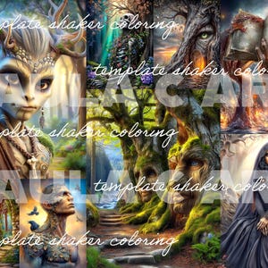 May include: A digital art collage featuring fantasy characters and landscapes. The artwork includes a mystical forest scene, a woman in a black cloak, and figures with antlers and tree-like faces. The text "template shaker coloring" is overlaid on the image.