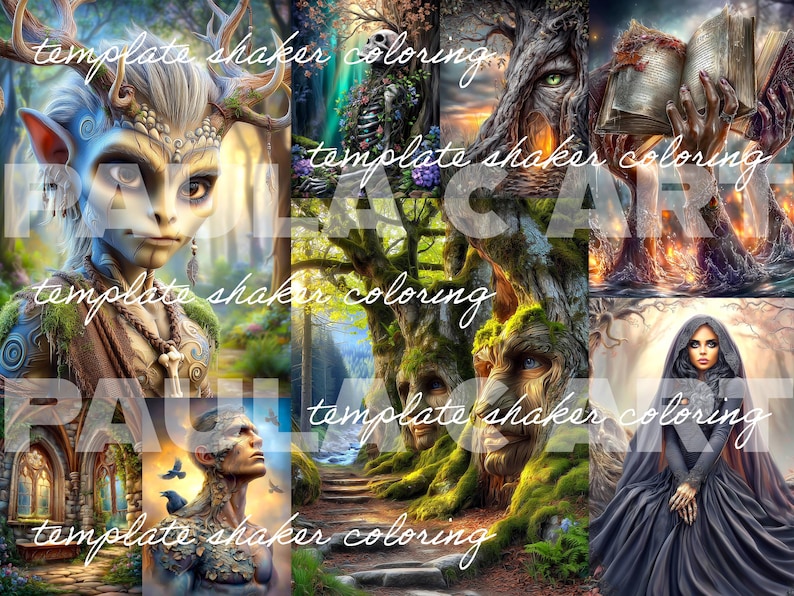 May include: A digital art collage featuring fantasy characters and landscapes. The artwork includes a mystical forest scene, a woman in a black cloak, and figures with antlers and tree-like faces. The text "template shaker coloring" is overlaid on the image.