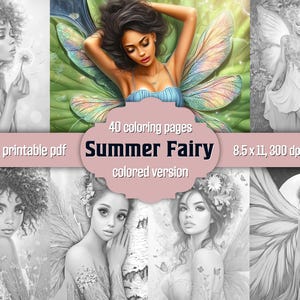 Summer Fairy Coloring Book Grayscale Coloring Pages For Adults Fantasy Portraits Coloring Instant Download Printable PDF Colored Version JPG