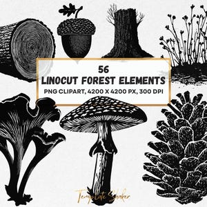 Può includere: Una collezione di 56 elementi forestali in linoleografia con illustrazioni in bianco e nero di un tronco, una ghianda, un ceppo, piccole piante, un fungo, un'amanita e una pigna con il testo 56 LINOCUT FOREST ELEMENTS PNG CLIPART.