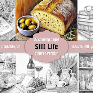 32 Still Life Coloring Pages - Grayscale Adult Coloring Book - Printable PDF - Colored Version Included - Everyday Life Coloring Pages