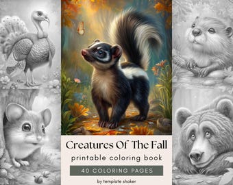 Woodland Animals Coloring Book: Fall Forest Grayscale Pages, PDF Download, Colored Version Included