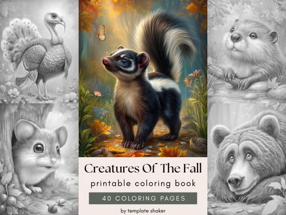 Woodland Animals Coloring Book: Fall Forest Grayscale Pages, PDF Download, Colored Version Included