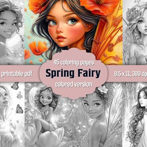 Kolorowanka dla dorosłych "Wróżka Wiosenna": Sztuka fantasy w odcieniach szarości, plik PDF do druku + wersja kolorowa (pobranie cyfrowe)