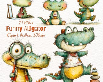 Funny Alligator Clipart PNG Bundle, Crocodile Characters, Transparent Background, Commercial Use (Digital Download)