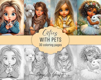 Girls and Pets Coloring Book: Kawaii Grayscale Pages, Colored Version, Printable PDF Download