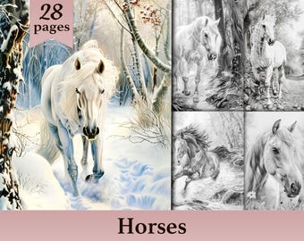 Horses Adult Coloring Book: Grayscale Pages, Animal Illustrations (Printable PDF)