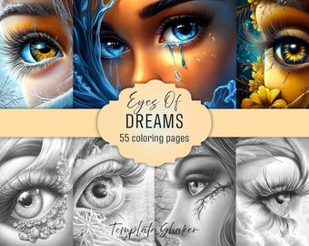Surreal Eyes Coloring Book: Grayscale Fantasy Pages for Adults, Printable PDF, Colored Version Included