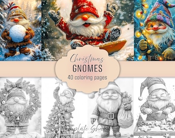 Christmas Gnomes Coloring Book: 40 Winter Festive Grayscale Pages, Printable PDF + Colored Version