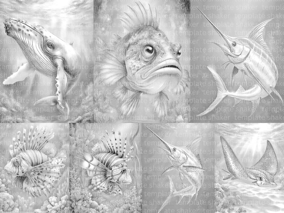 Deep Sea Life Coloring Book: 38 Grayscale Pages for Adults, Printable ...