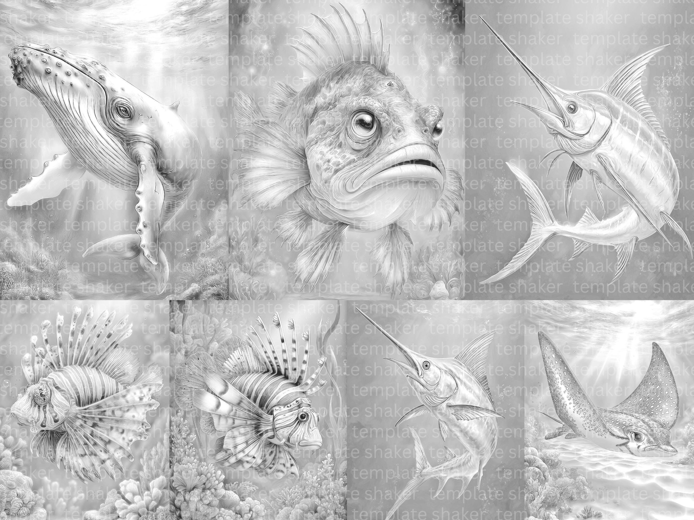 Deep Sea Life Coloring Book: 38 Grayscale Pages for Adults, Printable ...