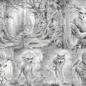 May include: Black and white fantasy art print featuring various mythical creatures and a forest scene. The image includes a tree with a face carved into it, a creature with antlers, and a werewolf. The text "Template Shaker Coloring" is visible.
