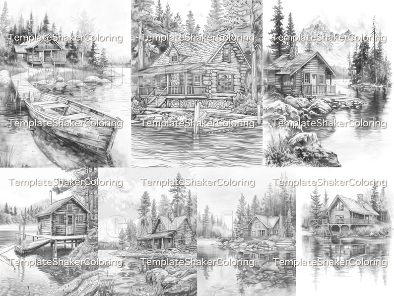 Forest Lake Cabin Coloring Book: 30 Grayscale Pages, Nature Scenes ...