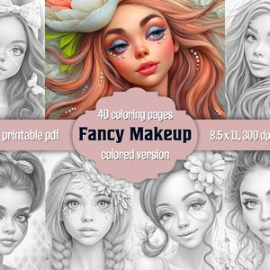 Hair and Makeup Grayscale Coloring Book: Pretty Women, Grayscale Pages, Printable PDF, Colored Version
