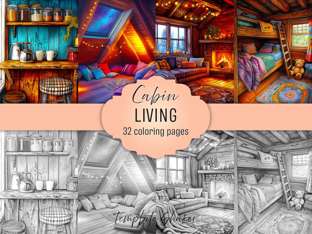 Log Cabin Adult Coloring Book, Rustic Interior Design, Grayscale Pages ...