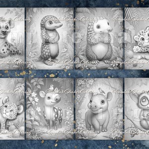 May include: A collection of eight grayscale coloring pages featuring adorable cartoon animals. The illustrations include a hyena, pangolin, hedgehog, leopard, deer, rhino, and a tarsier. Each page has the text "Template Shaker Coloring".