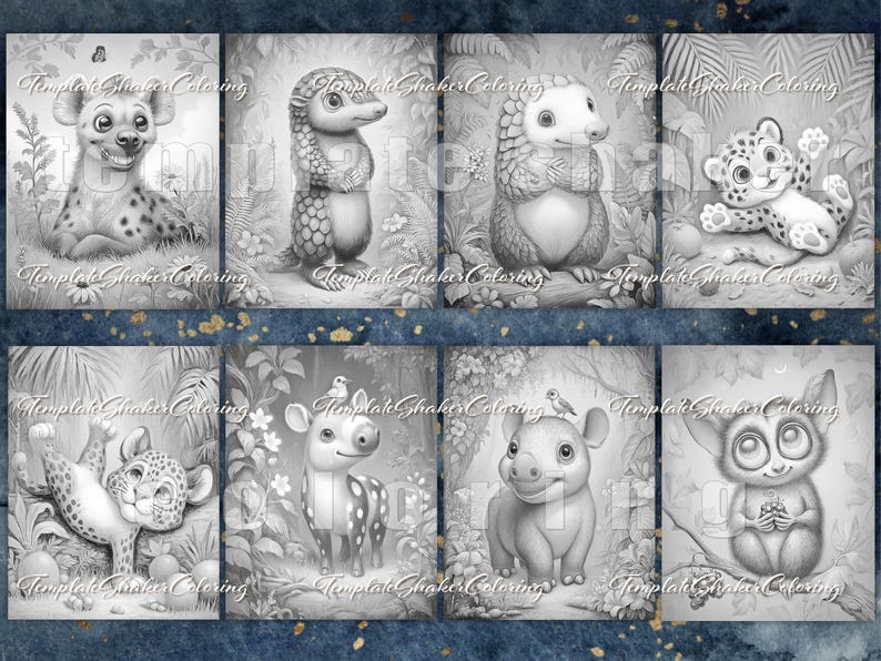 May include: A collection of eight grayscale coloring pages featuring adorable cartoon animals. The illustrations include a hyena, pangolin, hedgehog, leopard, deer, rhino, and a tarsier. Each page has the text "Template Shaker Coloring".