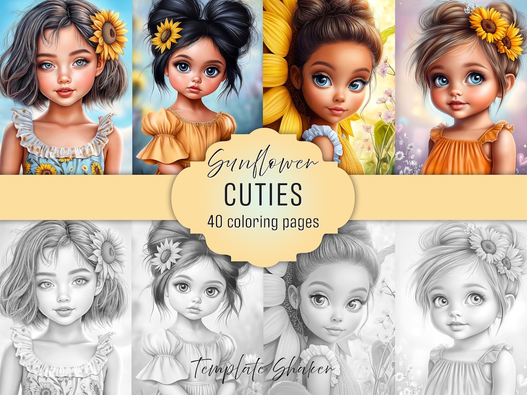 Sunflower Girls Coloring Book: 40 Grayscale Portraits, Printable PDF ...