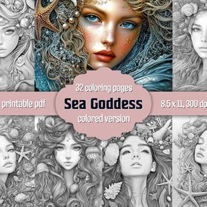 32 Sea Goddess Coloring Pages - Ocean Mermaid Grayscale Coloring Page - Printable PDF Grayscale Adult Coloring Book - Ocean Life Corals