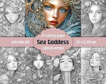 Sea Goddess Adult Coloring Book: 32 Grayscale Ocean Mermaid Pages (Printable PDF + Colored Version)