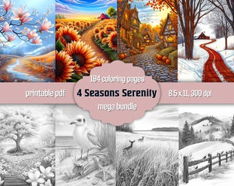 Four Seasons Coloring Book Bundle: 194 Nature Grayscale Pages, Printable PDF + Colored Version