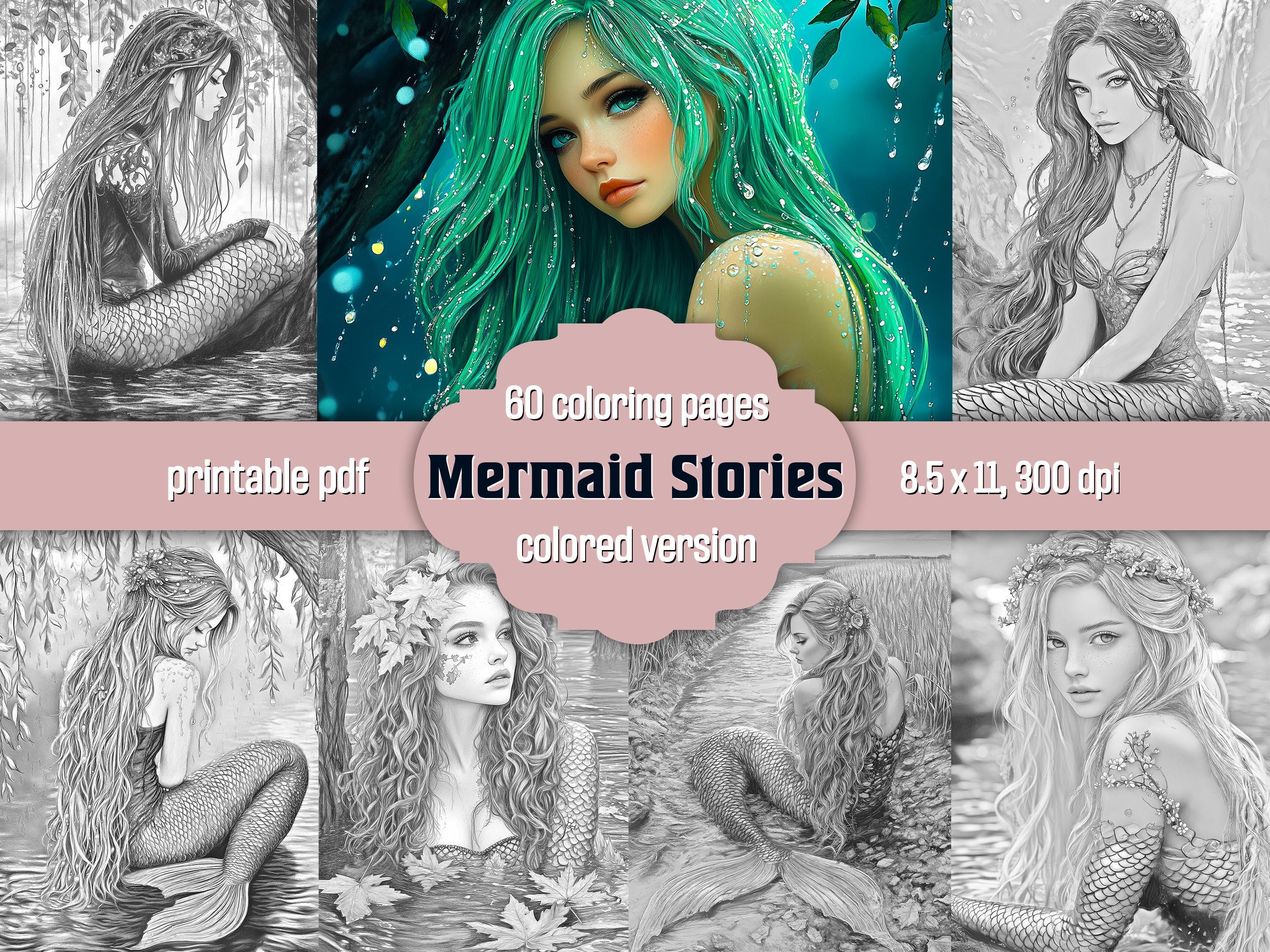 60 Mermaid Siren Coloring Pages, Underwater Sea Ocean Goddess Grayscale Coloring Book For Adults, Printable PDF, Colored Version Included