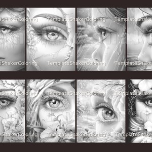 May include: A collection of eight black and white illustrations of women's faces, each with detailed eyes and floral or natural elements. The text "TemplateShakerColoring" is visible on each image. The drawings are suitable for coloring.